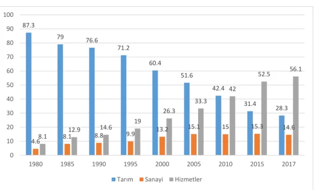 Şekil 1: Türkiye’de Kadın İstihdamının Sektörlere Göre Dağılımı (1980-2017) 