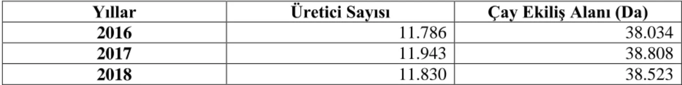 Çizelge 6.2.'de 2016-2018 yıllarında ÇAY-KUR'un sözleşmeli olarak organik yaş çay  aldığı üretici sayıları ve organik çay ekiliş alanları verilmiştir