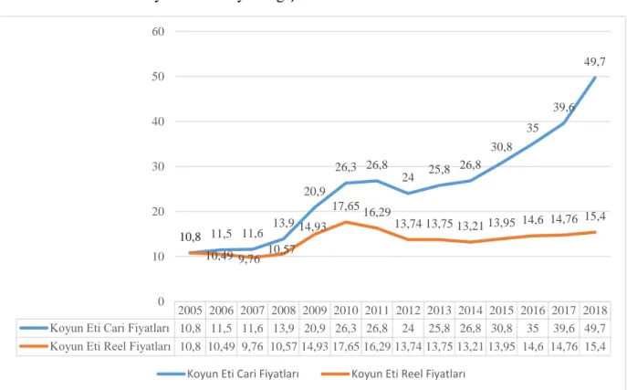 Şekil 4.7. Koyun eti cari fiyat ve reel fiyat değişimi (2005-2018)  4.1.3. Türkiye’de kırmızı et dış ticareti
