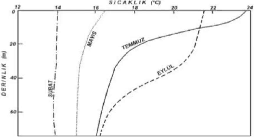 Şekil  2.  1:  Edremit  körfezi  mevsimsel  değişimlere  göre  sıcaklık  değişimleri  (Meriç  ve  ark