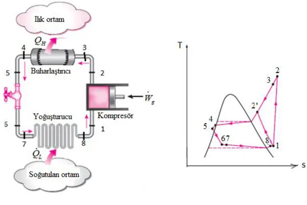 Şekil 2.2 Gerçek buhar sıkıştırmalı soğutma çevrimi 