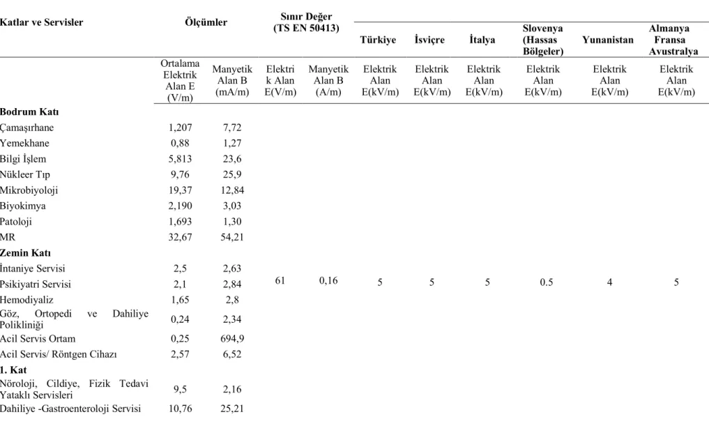 Tablo 4-1: Katlara göre elektrik alan ve elektromanyetik alan şiddeti ölçüm sonuçları 