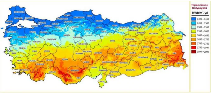 Şekil 2.2 Türkiye’nin güneş enerjisi potansiyeli (Anonim, 2011) 