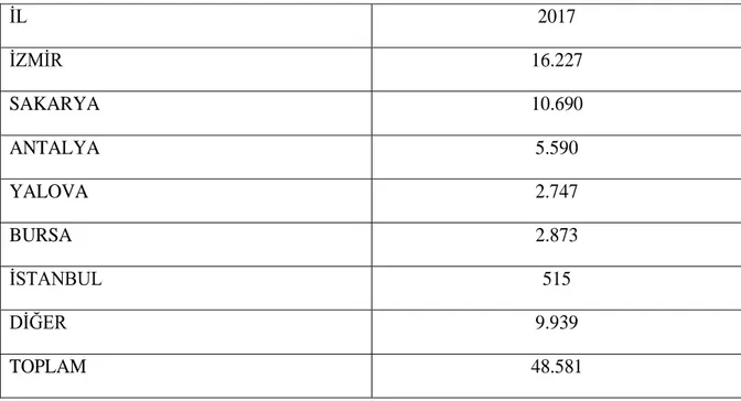 Çizelge 1.3: Türkiye süs bitkileri üretim alanları (da)  İL  2017  İZMİR  16.227  SAKARYA  10.690  ANTALYA  5.590  YALOVA  2.747  BURSA  2.873  İSTANBUL  515  DİĞER  9.939  TOPLAM  48.581  Kaynak:TUİK, 2017 