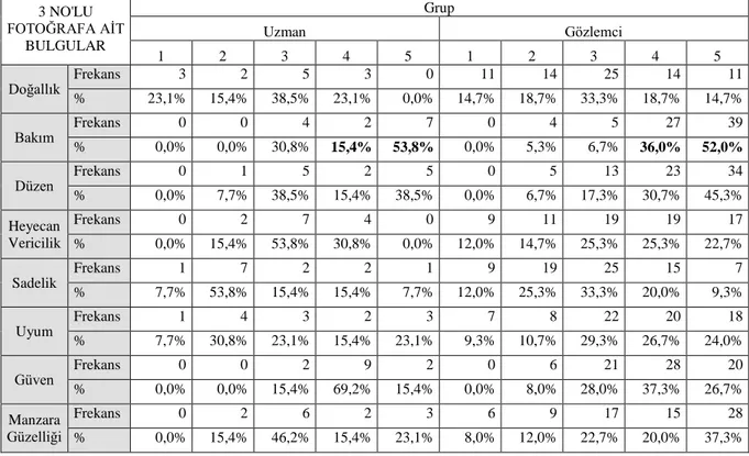 Çizelge 4.10. Görüntü 3’e ilişkin uzman ve gözlemci grubu % dağılımları 