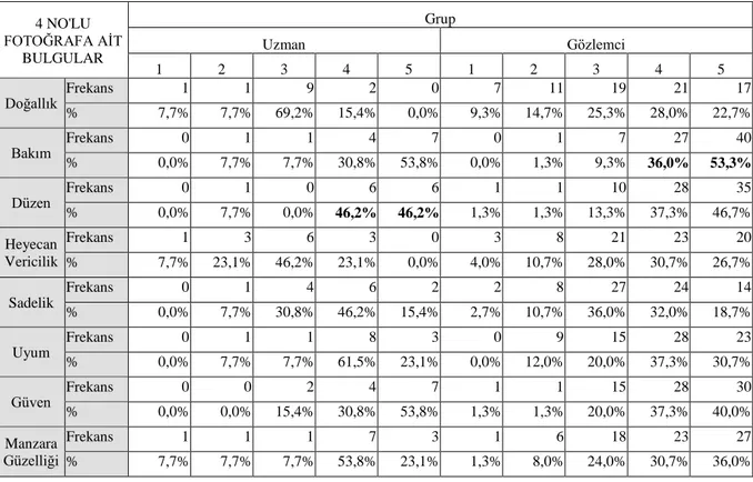 Çizelge 4.13. Görüntü 4’e ilişkin uzman ve gözlemci grubu % dağılımları 