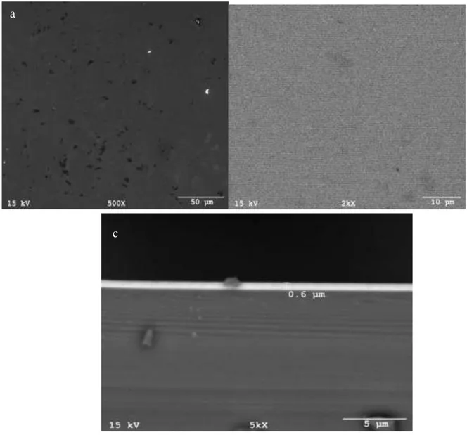 Şekil 4.3: Magnetron Sıçratma Tekniği ile Deney 2 koşullarında üretilen MoO3 İnce Filmin  ısıl işlem öncesi (a) yüzey morfolojisi (500x), (b) yüzey morfolojisi (2000x) ve (c) ara kesit 