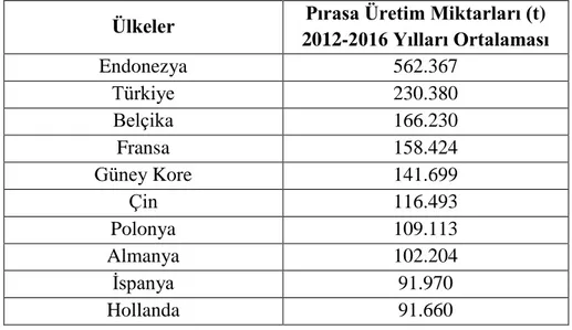 Çizelge  2.2’de  pırasanın  dünyadaki  ilk  on  üreticisinin  2012-2016  yılları  arasındaki  ortalama pırasa üretim miktarları verilmiştir (Anonim 2018a)