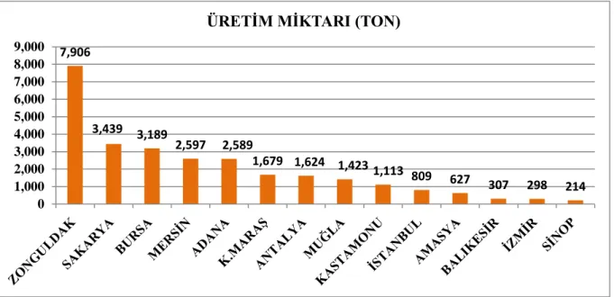 Şekil 1.6.Türkiye'de 2017 yılı itibariyle bölge bazında defne yaprağı üretim miktarı (Başer ve  ark