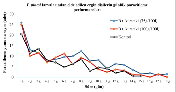 Şekil  4.4.  Trichogramma  pintoi  larvalarından  elde  edilen  ergin  dişilerin  günlük  parazitleme  performansları 0510152025301.g2.g3.g4.g 5.g 6.g 7.g 8.g 9.g 10.g 11.g 12.g 13.g 14.g 15.g 16.g 17.g 18.gParazitlenen yumurta sayısı (adet)Süre (gün)