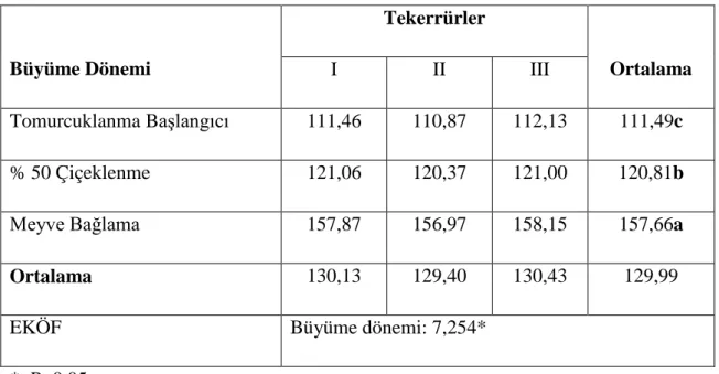 Çizelge 4.2.1.  Mavi taş yoncasının farklı büyüme dönemlerindeki ortalama yaprak 