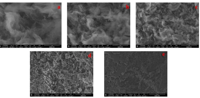 Şekil  4.3.  İndirgenmiş  Grafen  Oksit  SEM  görüntülerinin  farklı  büyütme  miktarlarındaki  gösterimi;  a)  1  µm  büyütme;  b)  2  µm  büyütme;  c)  4  µm  büyütme;  d)  10  µm  büyütme; e) 20 µm büyütme