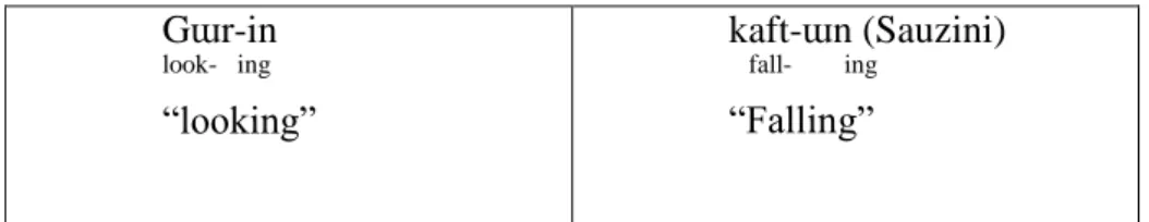 Table 5. Plural ending in Sauzini  Mewan-gəɫ    Guest-    PL  “Guests”  Saɫ-gəɫ   year-PL “Years”  Murg-gəɫ   Chicken-PL “Chickens”  tʃitʃa- əɫ  Flower-PL “Flowers” 