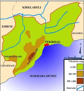 Şekil 5.1. Tekirdağ ili topoğrafya haritası (Anonim 2006) 