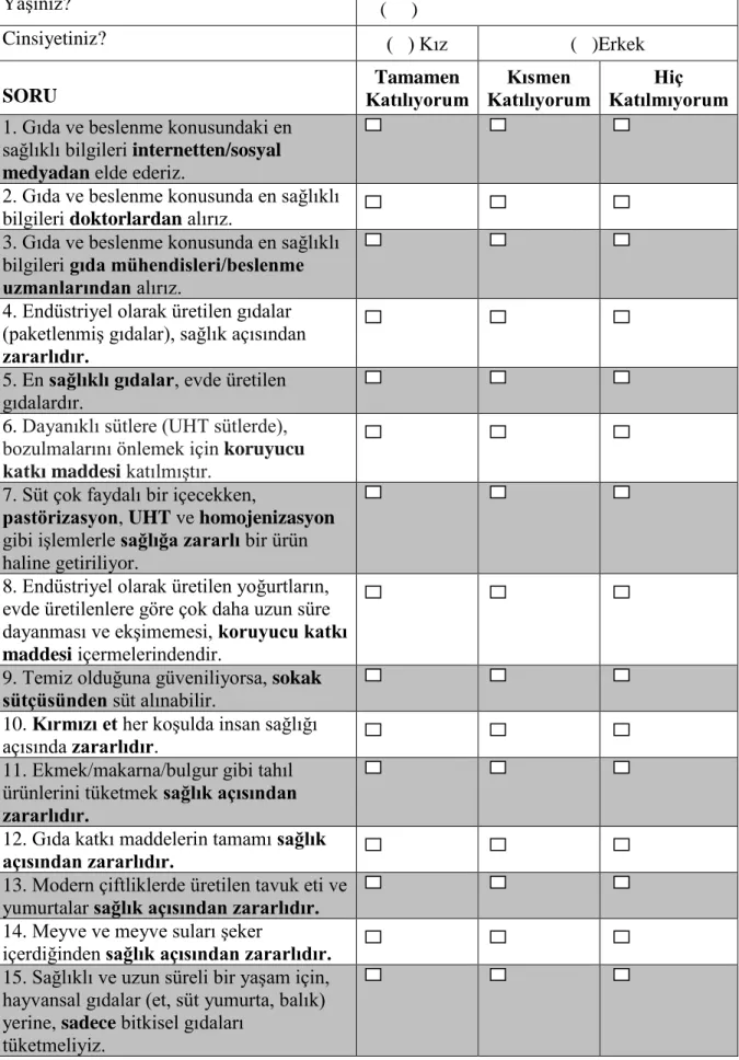 Çizelge 3.1. Araştırmada yer alan deneklere sorulan anket soruları  Yaşınız?     (     )    Cinsiyetiniz?  (   ) Kız  (   )Erkek  SORU  Tamamen  Katılıyorum  Kısmen  Katılıyorum  Hiç  Katılmıyorum 