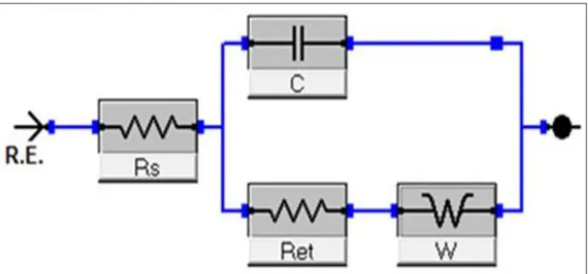 Şekil 3. 2. Biyosensör sisteminde kullanılan elektriksel eşdeğer devre modeli [Rs: çözelti  direnci, C: kapasitans, R et : elektron transfer rezistansı, W: warburg   impedansı]  (Karaboğa ve Sezgintürk 2018) 