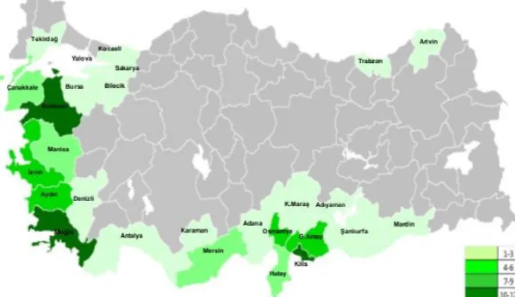 Şekil 1. 2. Türkiye zeytin üretim alanları (TÜSSİDE 2015). 