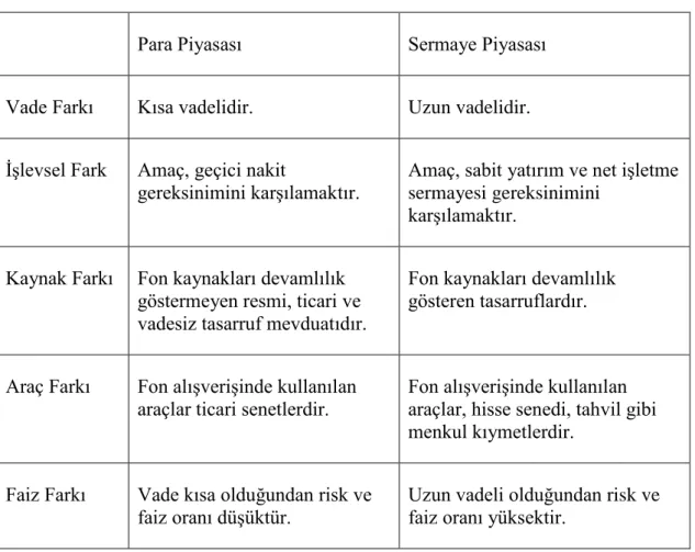 Tablo 1.1. Para ve Sermaye Piyasaları Arasındaki Farklar 