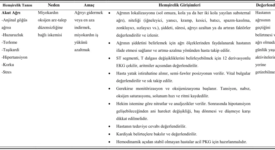 Tablo 2.3 MI hastalarında hemşirelik bakım planı. 