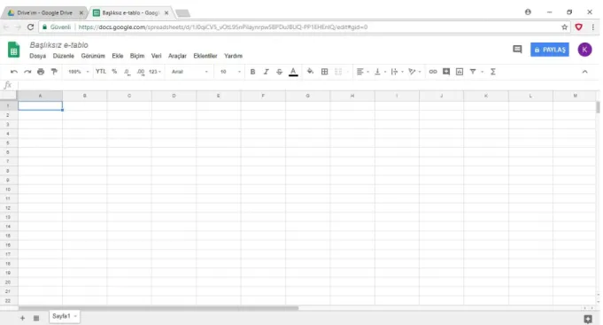 Şekil 3.7. Google Drive E-tablolar 