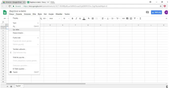 Şekil 3.8. Google Drive E-tablolar Dosya &gt; içe aktarılması.  