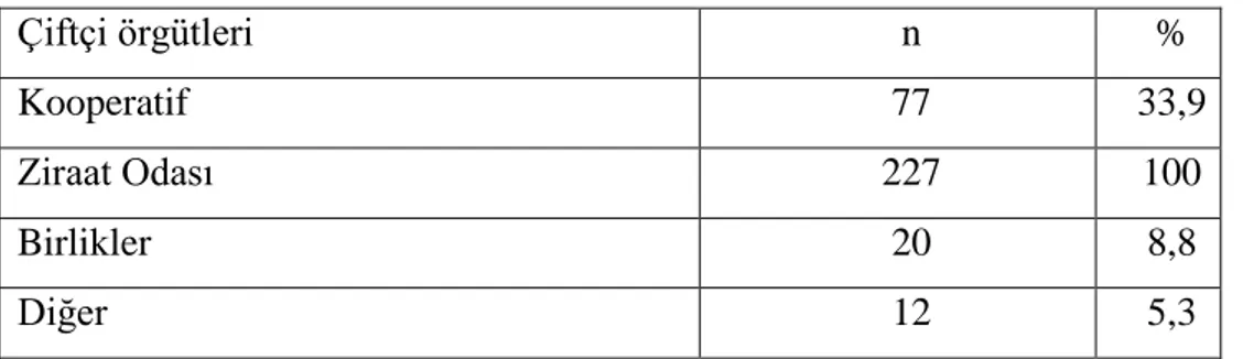 Çizelge 4.10’da tarım danışmanı ile çalışan üreticilerin üye oldukları çiftçi örgütlerine  ilişkin bilgilere  yer verilmiştir