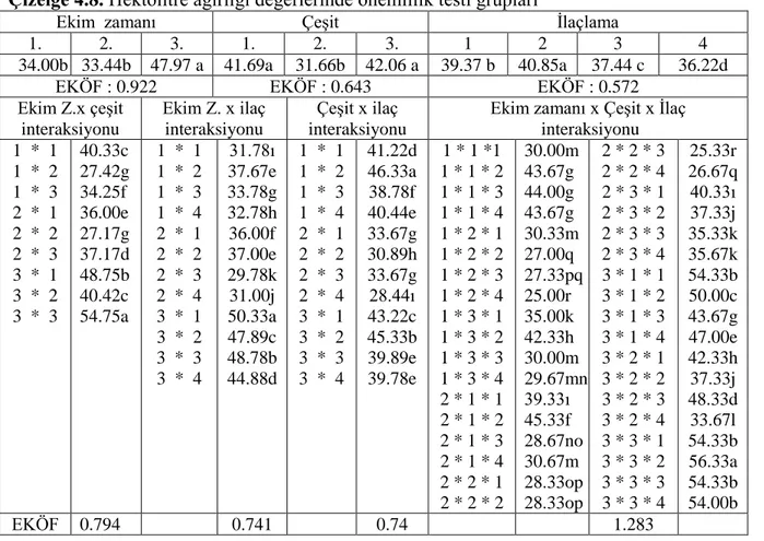 Çizelge 4.8. Hektolitre ağırlığı değerlerinde önemlilik testi grupları 