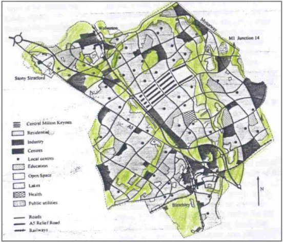 Şekil 2.5. Milton Keynes kenti açık ve yeşil alan sistemi (Moughtin 1996’den, Öztürk 2004) 