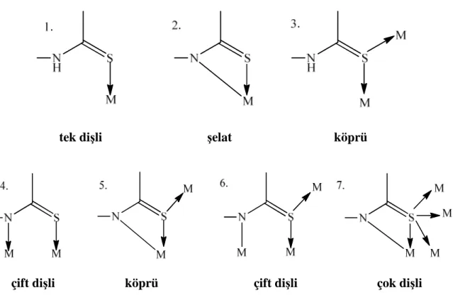 Şekil  5.3'  de  tiyoamid  grubu  içeren  ligandların  metallere  bağlanma  şekilleri  gösterilmektedir