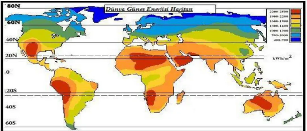 Şekil 1. 1. Dünya güneş enerjisi haritası (Erkul, 2010) 