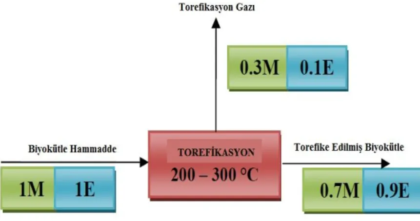 Şekil 2. 3. Tipik torefikasyon işleminin kütle ve enerji dengesi 