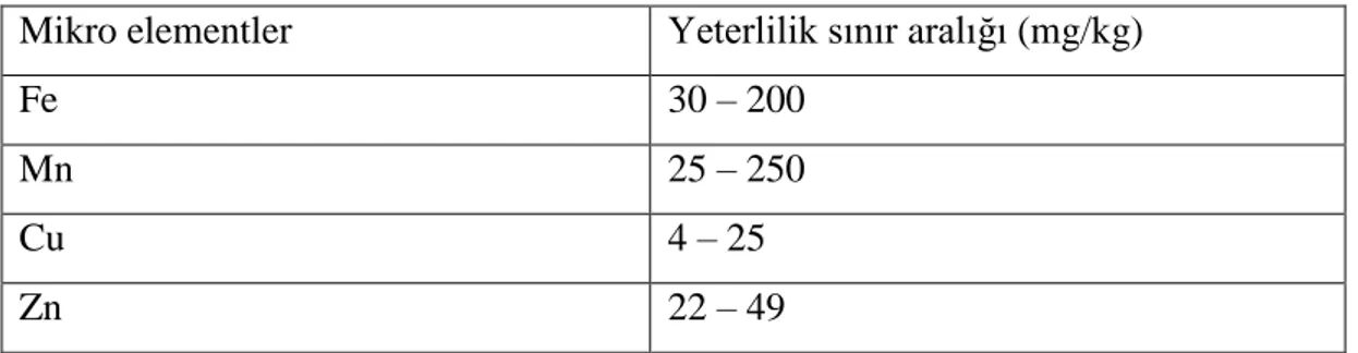 Çizelge 3.5. Kanola bitkisinde bazı mikro besin elementlerinin yeterlilik sınır       aralıkları (Jones ve Mills 1996) 