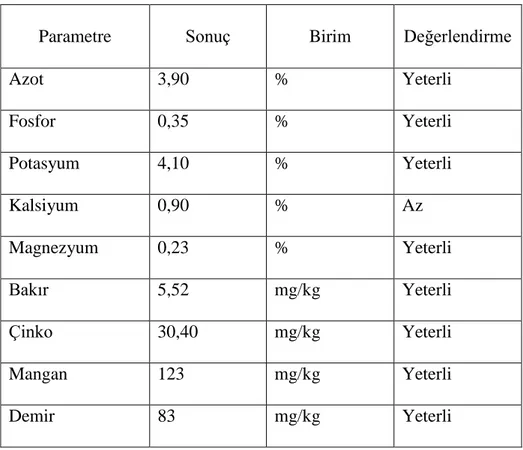 Çizelge 4.2. 0 kg S/da-Tekerrür 1 deneme parseli bazı makro ve mikro bitki besin           elementi analizi sonuçları 