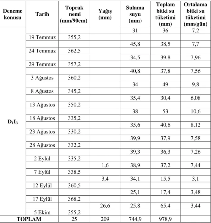 Çizelge 4.10. (Devam) Deneme konularında uygulanan sulama suyu miktarları ve bitki su 