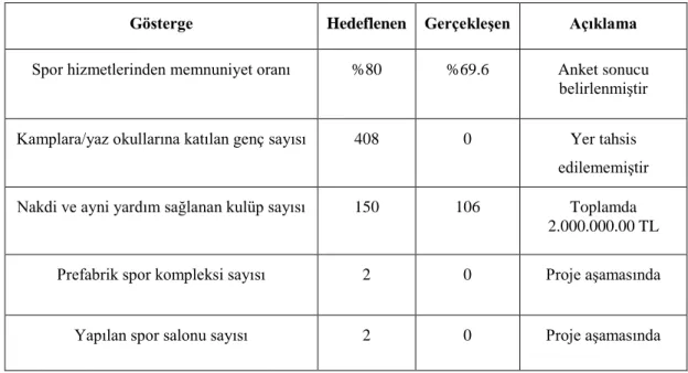 Tablo 8 : Hedeflenen ve GerçekleĢen Sportif Hizmetler 