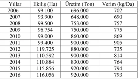 Çizelge 7.1. 2006-2016 Yılları Çeltik Üretimi 