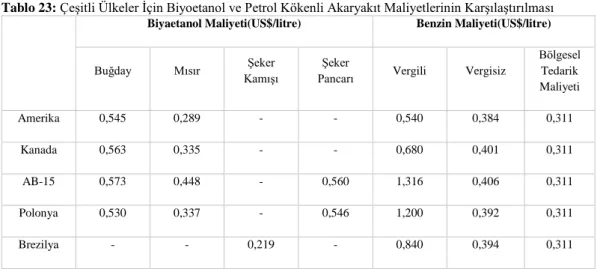 Tablo 23: Çeşitli Ülkeler İçin Biyoetanol ve Petrol Kökenli Akaryakıt Maliyetlerinin Karşılaştırılması 