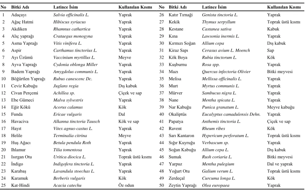 Çizelge 3.2: Denemelerde kullanılan bitkilerin genel ve latince adları 