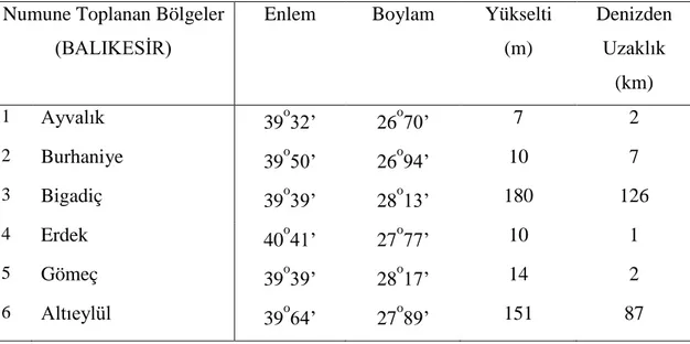 Çizelge 3.1. Biberiye numuneleri alınan bölgelere ait bilgiler  Numune Toplanan Bölgeler 