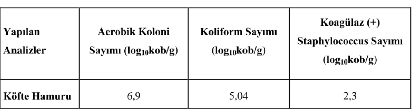 Çizelge 4. Köfte hamurunun sıfırıncı gün mikrobiyolojik analiz sonuçları 