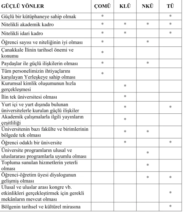 Tablo 9: Güçlü Yönler Tablosu 