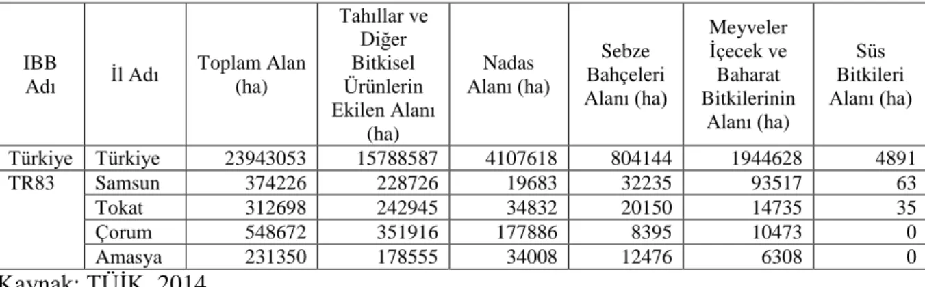 Çizelge 1.2: TR83 Bölgesi 2014 yılı tarımsal arazi varlığı  