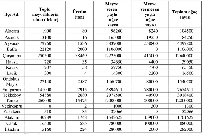 Çizelge 1.11: Samsun ili ilçe bazında 2014 yılı fındık üretim istatistikleri 