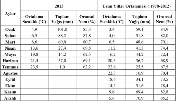 Çizelge 3.2. Deneme alanının 2013 yılı ve uzun yıllar ortalamaları iklim değerleri 