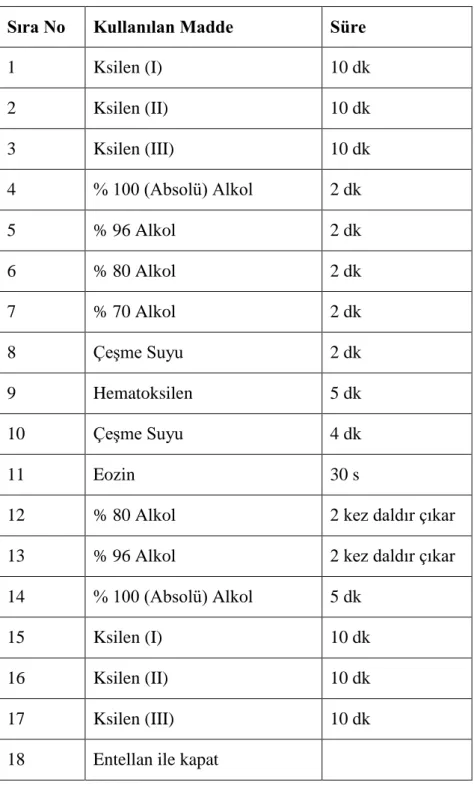 Tablo 3.2. Hematoksilen - Eozin boyama protokolü 