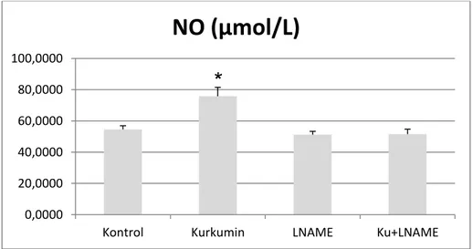 Grafik  3.  Deney  grupları  Nitrik  Oksit  (NO)  bar  grafiği.  Kurkumin  grubu  NO  düzeyinin  Kontrol  (P&lt;0.002)  ve  L-NAME  (P&lt;0.001),  L-NAME  +  Kurkumin  (P&lt;0.001) gruplarına göre  istatiksel olarak anlamlı artmış olduğu  bulunmuştur