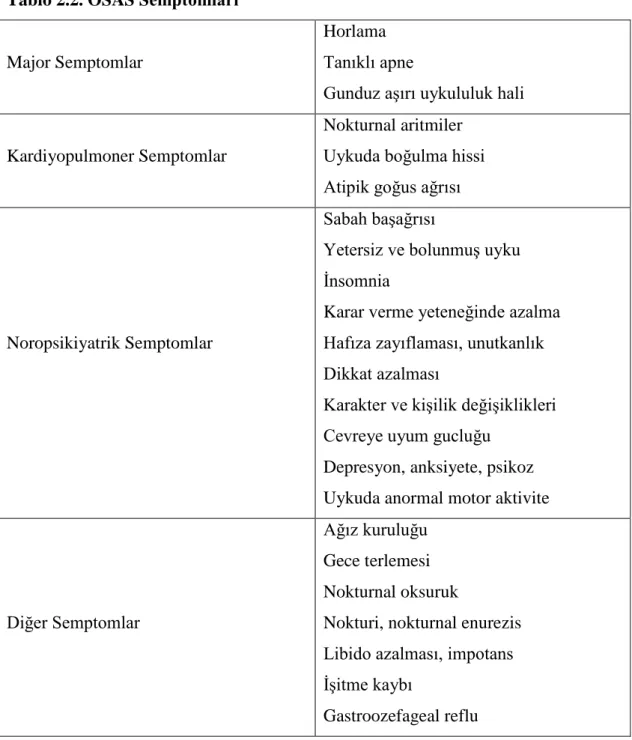 Tablo 2.2. OSAS Semptomları 