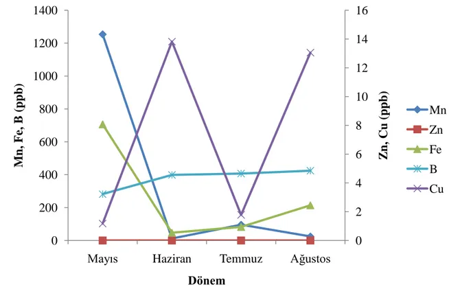 Çizelge 4.19. Uzunköprü su kaynağının iz element parametre sonuçları  Dönem  Ġz Elementler (ppb)  Mn  Zn  Fe  Cu  B  Mayıs  1253,42  0,00  706,64  1,18  282,26  Haziran  11,89  0,00  47,73  13,82  398,97  Temmuz  95,87  0,00  83,08  1,78  407,54  Ağustos  