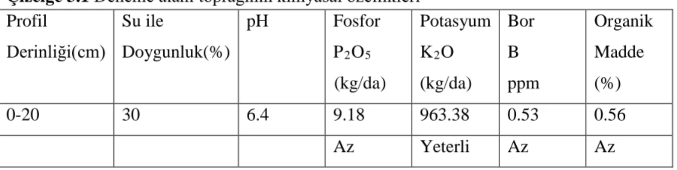 Çizelge 3.1  Deneme alanı toprağının kimyasal özellikleri  Profil  Derinliği(cm)  Su ile  Doygunluk(%)  pH  Fosfor P2O5  (kg/da)  Potasyum K2O (kg/da)  Bor B  ppm  Organik Madde (%)  0-20  30  6.4  9.18  963.38  0.53  0.56  Az  Yeterli  Az  Az 