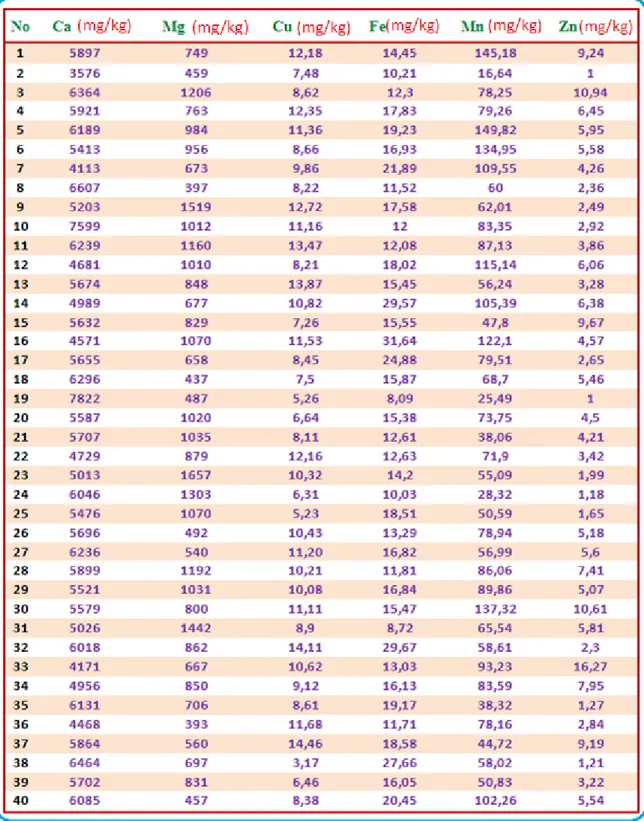 Çizelge 4.2.  Toprak örneklerindeki bazı kimyasal özellikler (Ca, Mg, Cu, Fe, Mn, Zn) 